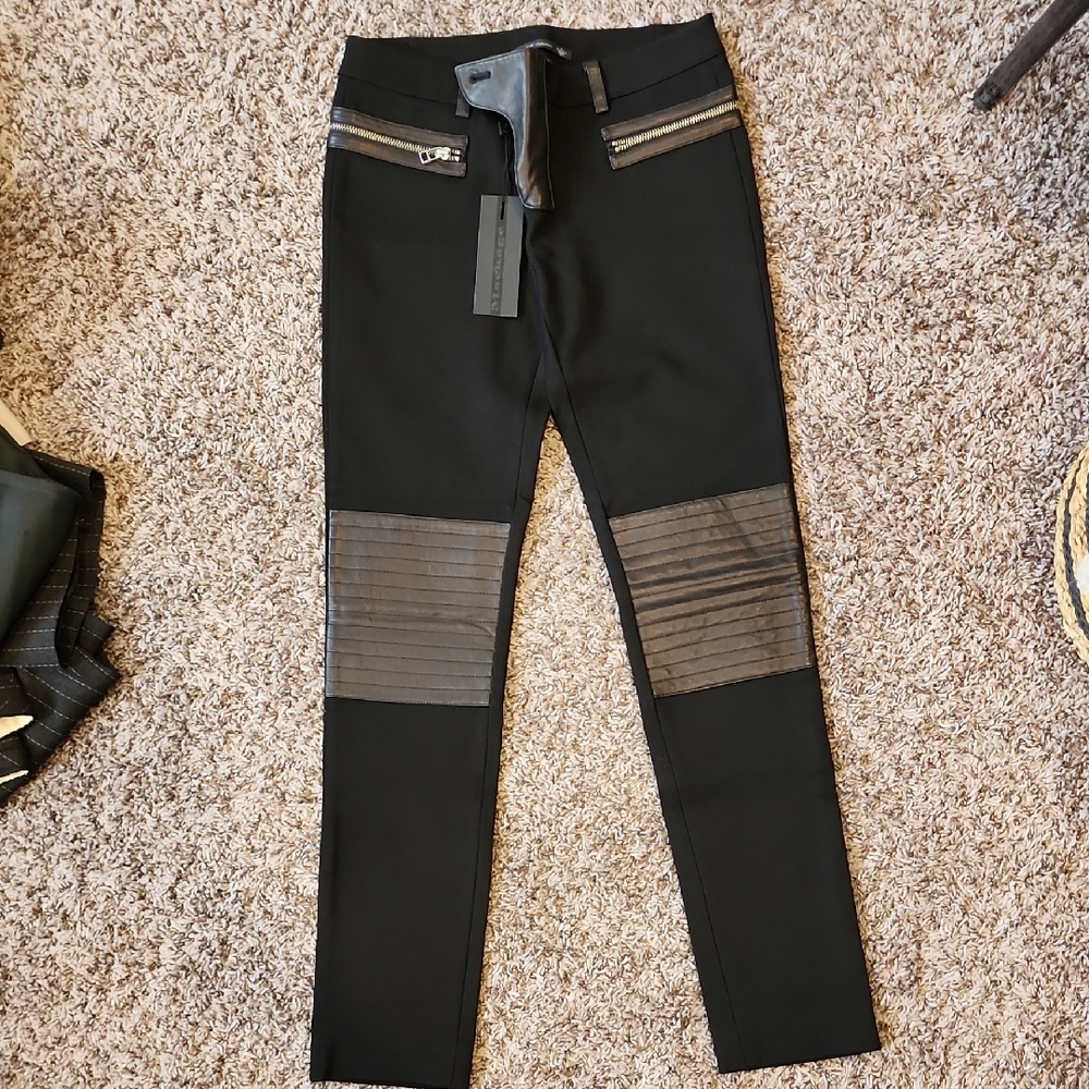 NWT Mackage Black Skinny Pants with Zipper Leather Trim Size 2